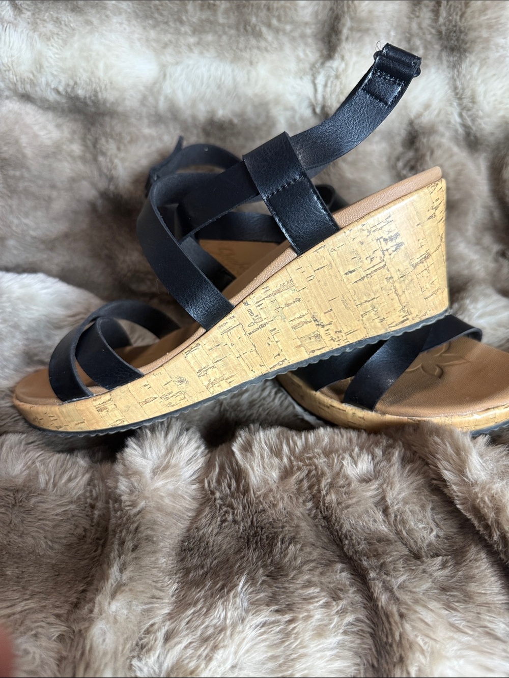 Good condition Skechers Black Wedge Sandals with Cork-Style Heel Size 10